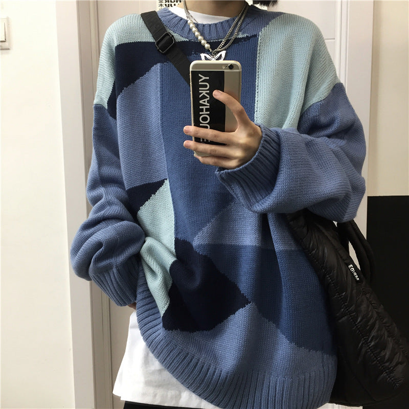 Women Color Block Round Neck Loose Sweater