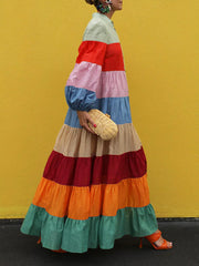 Long Sleeves Loose Buttoned Contrast Color Striped Stand Collar Maxi Dresses Outerwear