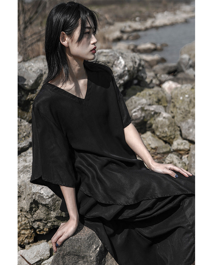 Women V-Neck Asymmetrical Loose Pleated Casual Dress