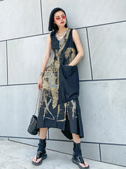 Original Prited V-Neck Sleeveless Dress