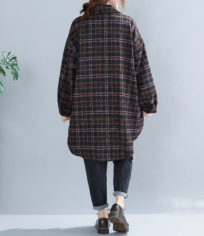Large Size Loose Mid-Length Plaid Thick Woolen Coat