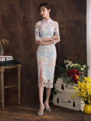 Elegant Lace Cheongsam Midi Dress