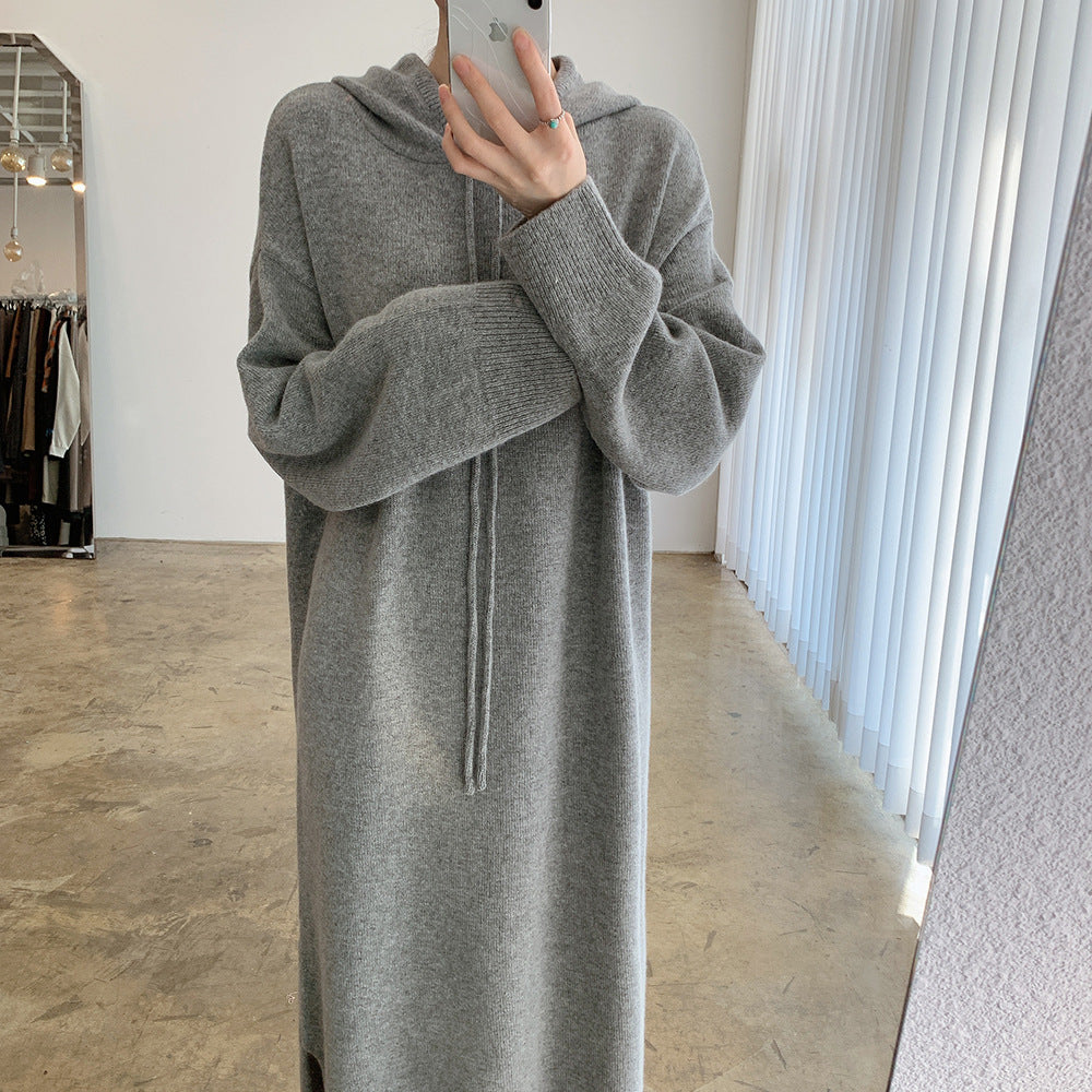Loose Solid Knitted Split Hooded Midi Dress