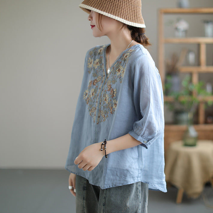 Vintage Embroidery V Neck Short Sleeve Thin T-Shirt