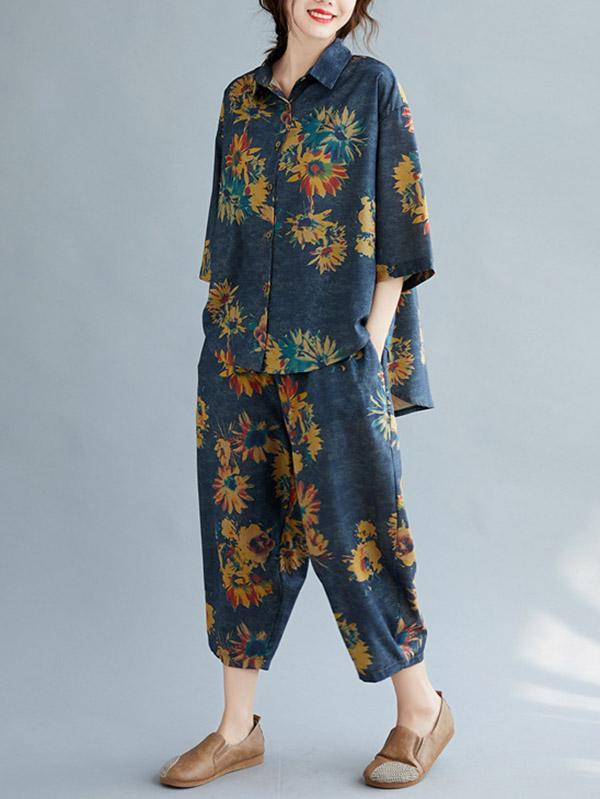 Casual Floral Shirt Blouse Tops+Harem Pants Suits