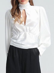 Backless Hollow High-Neck Solid Blouse