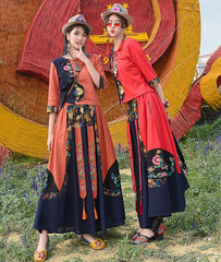 Ethnic Embroidered Flax Shirt With Elastic Waist Skirt Suit