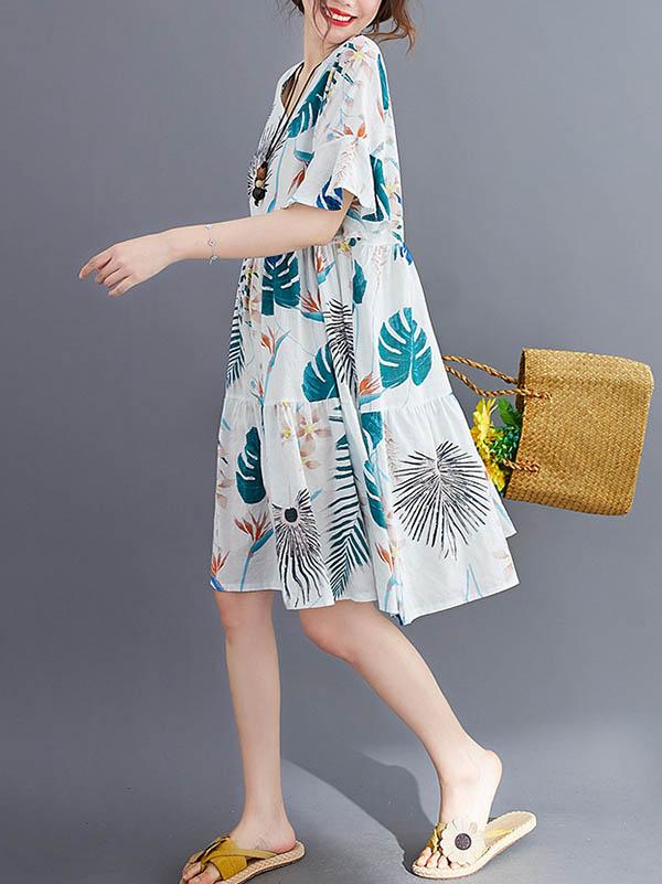 Fashion 2 Colors Printed V-Neck Dress