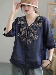 Vintage Embroidery V Neck Short Sleeve Thin T-Shirt