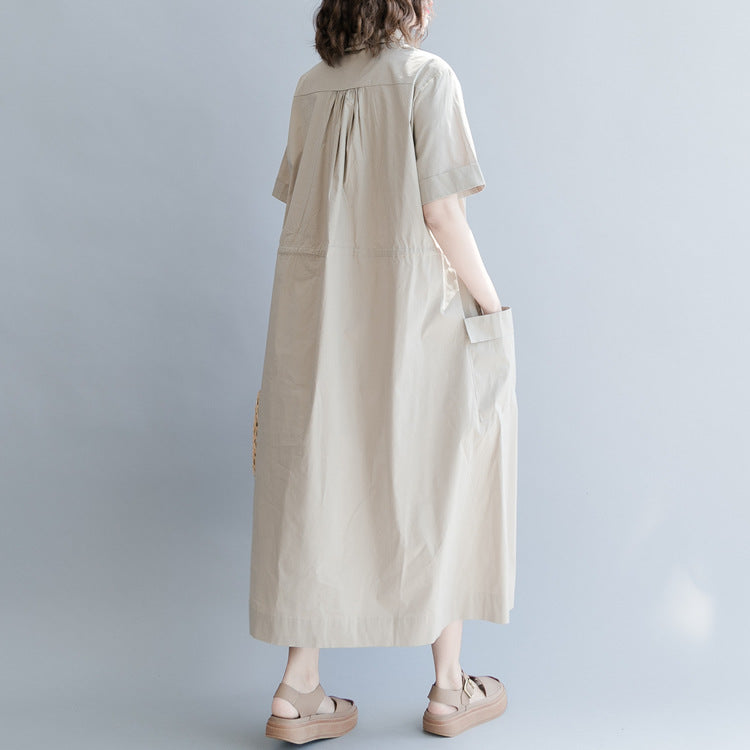 Women Solid Color Round Neck Waist Drawstring Dress