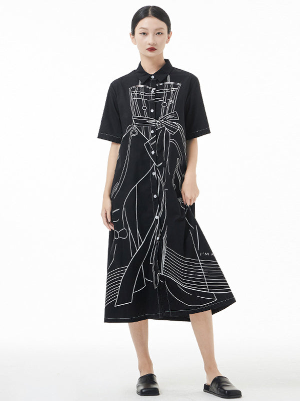 Original Roomy Fashion Stamped Midi Shirt Dress