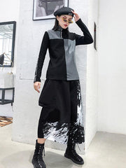 High-Waist Painted Graffiti Splicing A-Line Skirt