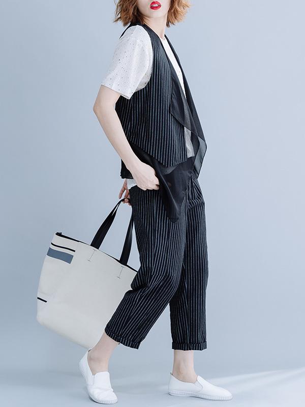 Two-Pieces Striped Cropped Vest And Harem Pants Suits