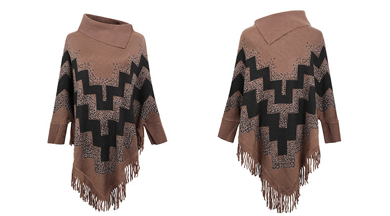 Loose Tassel Abstract Printed Knitted Shawl Sweater