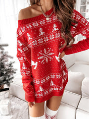 Christmas Jacquard Loose Knitted Long Sleeve Mini Dress