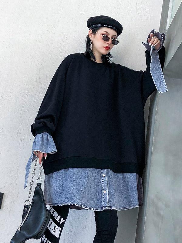 Loose False Two Jean Splicing Round Neck Sweatshirt