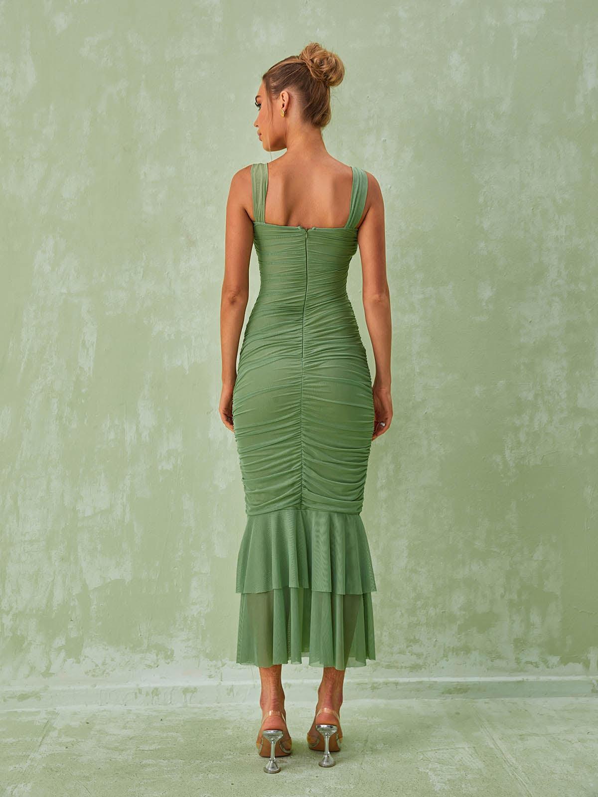 Eri Ruched Mesh Maxi Dress In Green