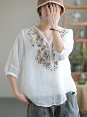 Vintage Embroidery V Neck Short Sleeve Thin T-Shirt