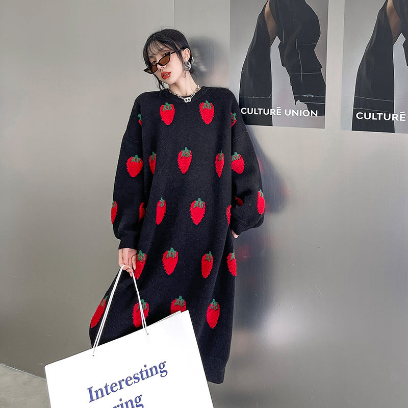 Loose Strawberry Jacquard Knit Midi Dress