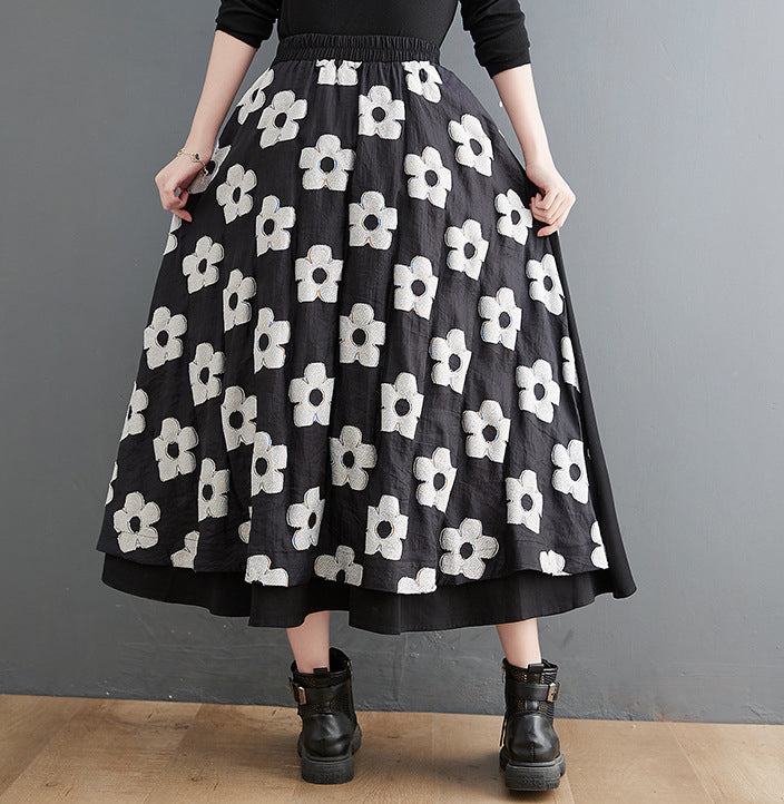 Embroidery Splicing Elastic High Waist A-Line Skirt
