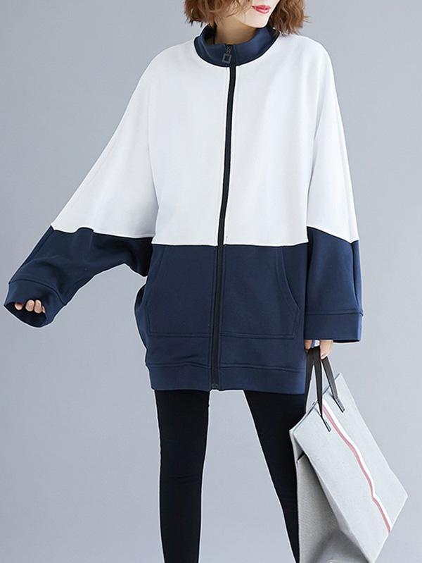 Contrast Color Bat Sleeve Zipper Outwear