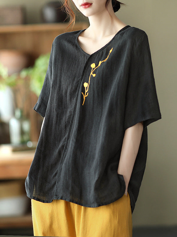 Vintage Embroidered Printed Round Neck Loose Pullover T-Shirt