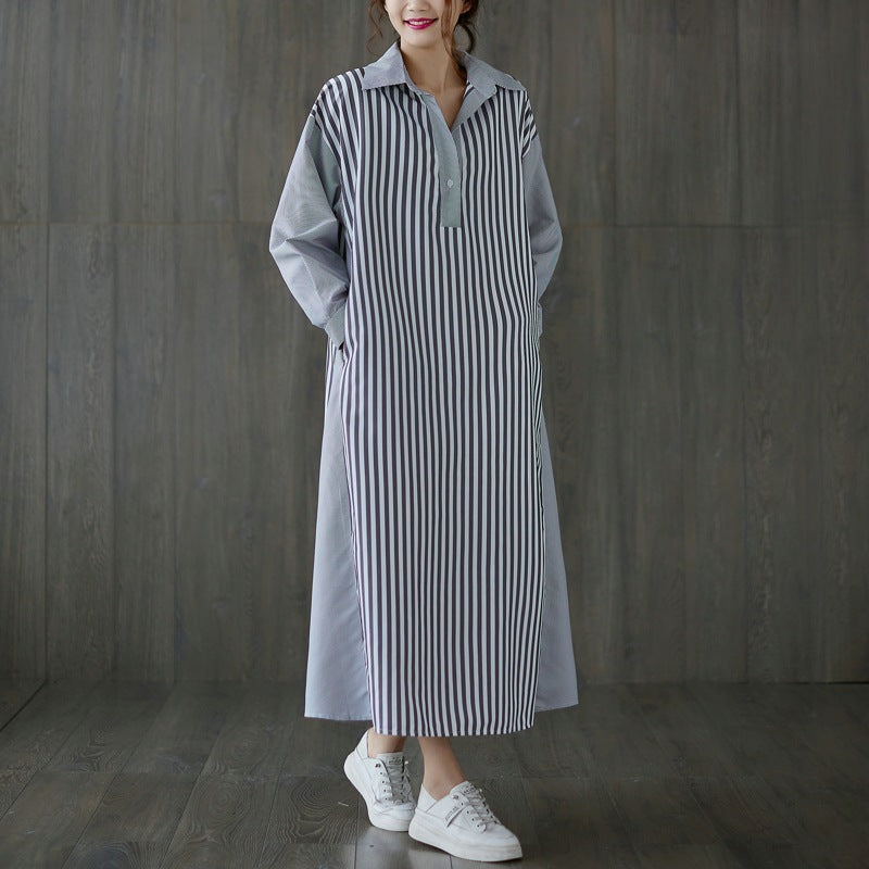 Loose Color Contrast Stripe Stitching Midi  Dress