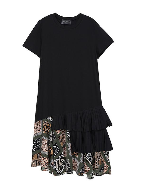 Splicing Cropped Floral Round Neck Dress