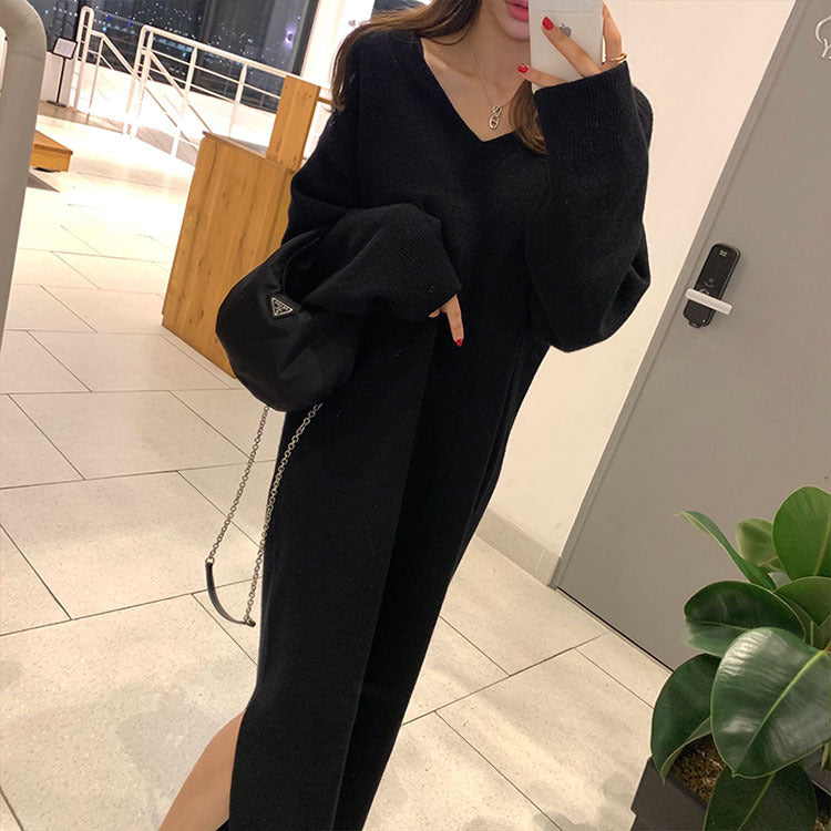 Women's Loose Split V-Neck Bottoming Knitted Sweater Dress