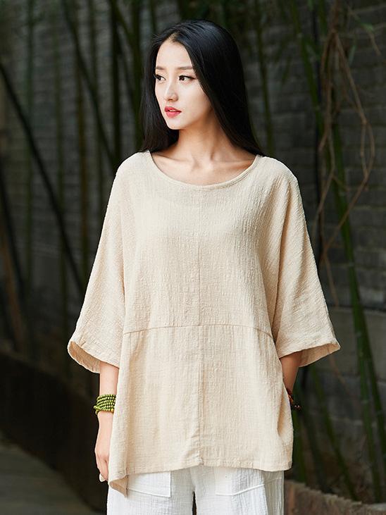 White&Beige Round-neck Ramie Cotton T-shirt