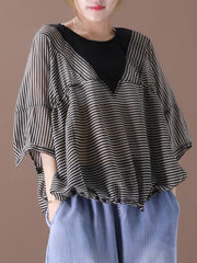 Artistic Striped Split-Joint V-Neck Tops