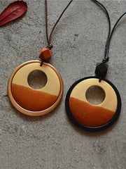 Geometric Circle Two-Color Wood Chip Long Necklace