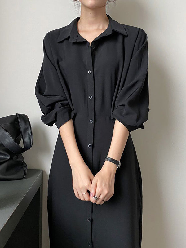Long Sleeves Solid Color Lapel Puff Sleeve Shirt Dress