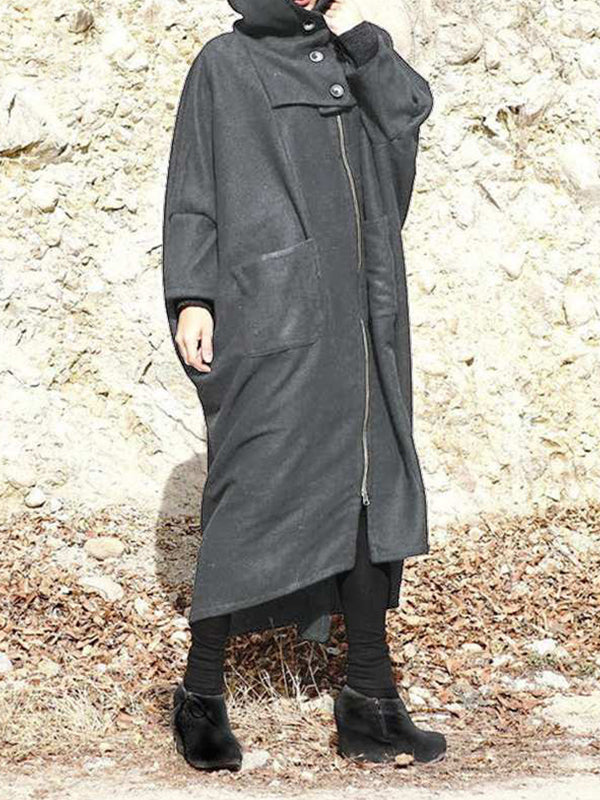 Solid Color Hooded Zipper Mid-Length Loose Outwear