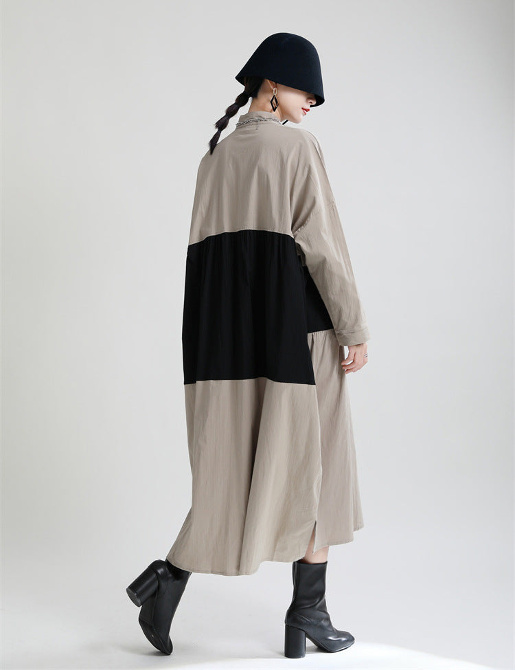 Stitching Contrast Color Loose Big Swing Long Sleeve Dress