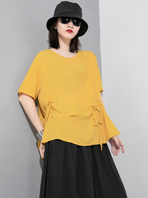 Simple Split-Joint Solid Lace-Up T-Shirt