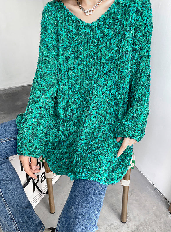 Loose V-Neck Long Sleeve Solid Color Knitted Sweater