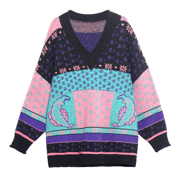 Women Color Block V-Neck Printed Casual Sweater