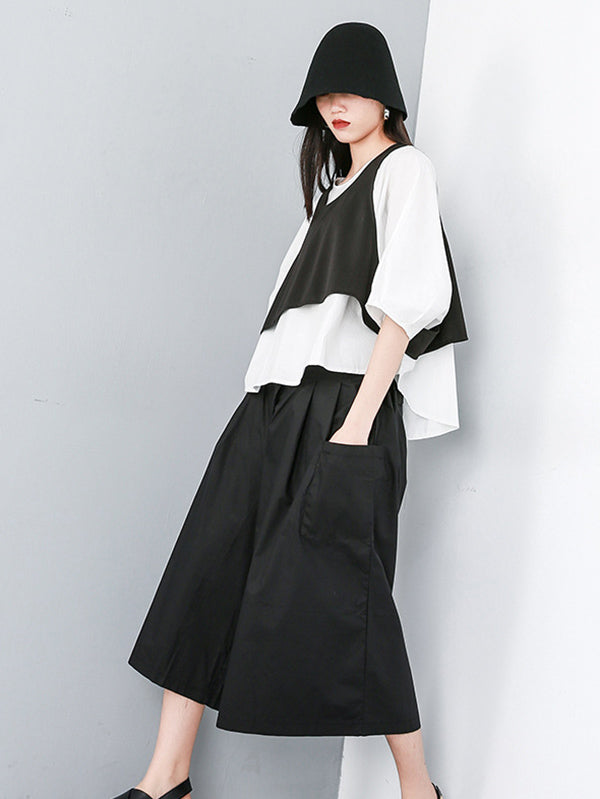 Three Piece Original Solid Vest& T-Shirt&Wide Leg Shorts