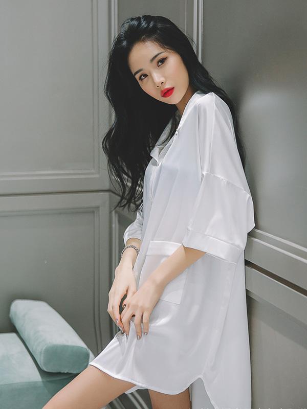 White Loose Short Sleeves Ice Silk Shirt Pajamas