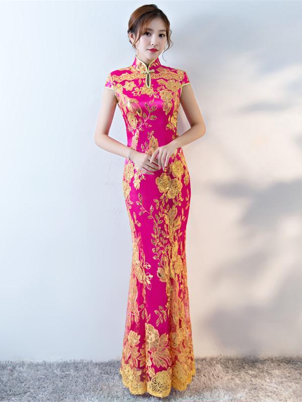 Formal Lace Embroidered Mermaid Cheongsam Evening Dress