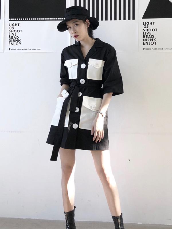 Split-joint Lapel Big Pocket Shirt Dress