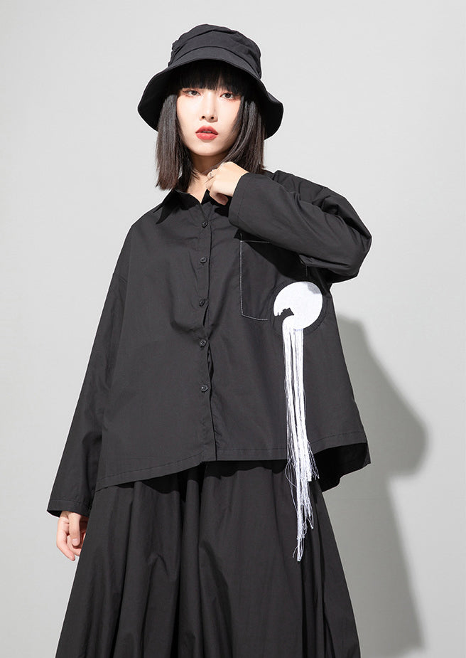 Loose Long Sleeve Shirt With Embroidered Tassels