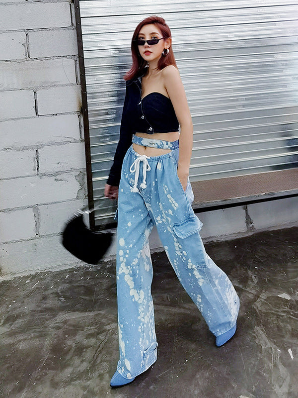 High Waist Hollow Denim Casual Pants