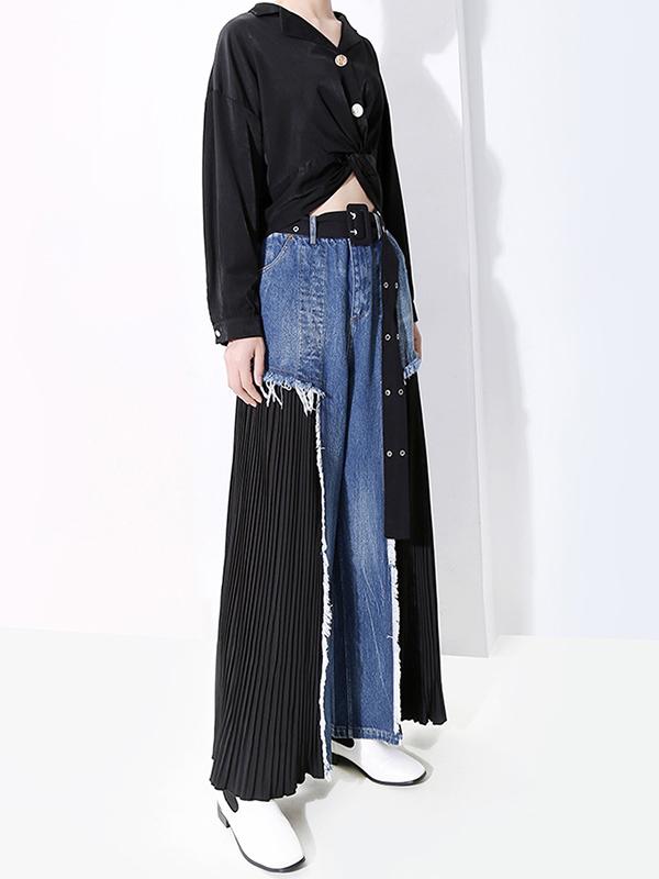 Loose Split-joint Pleated Jean Pants