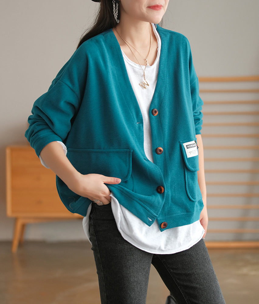 Soft And Comfortable Patch Loose V-Neck Solid Color Outwear