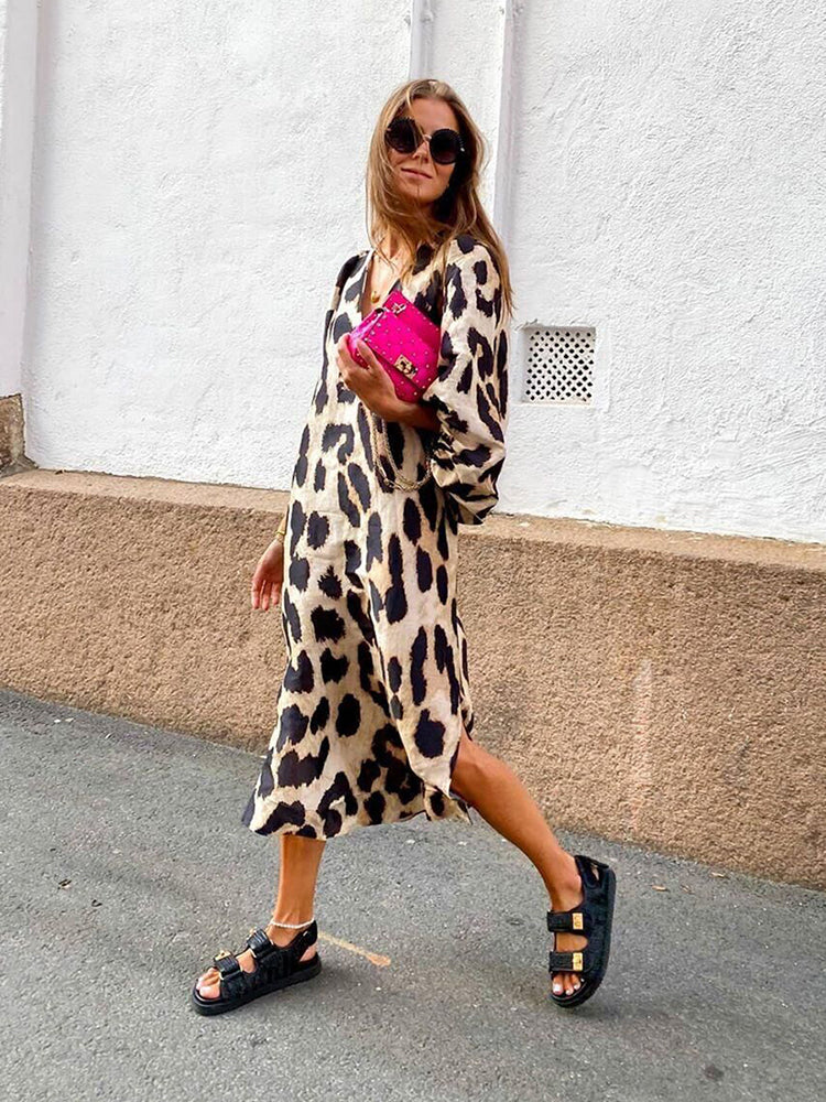 Leopard Print Loose Lantern Sleeve Dress