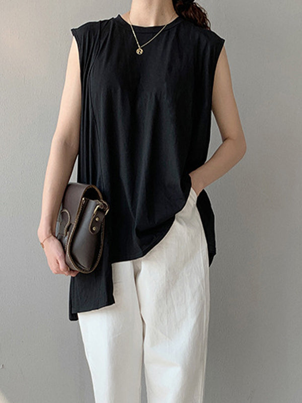 Women Irregular Stitching Round Neck Sleeveless T-Shirt