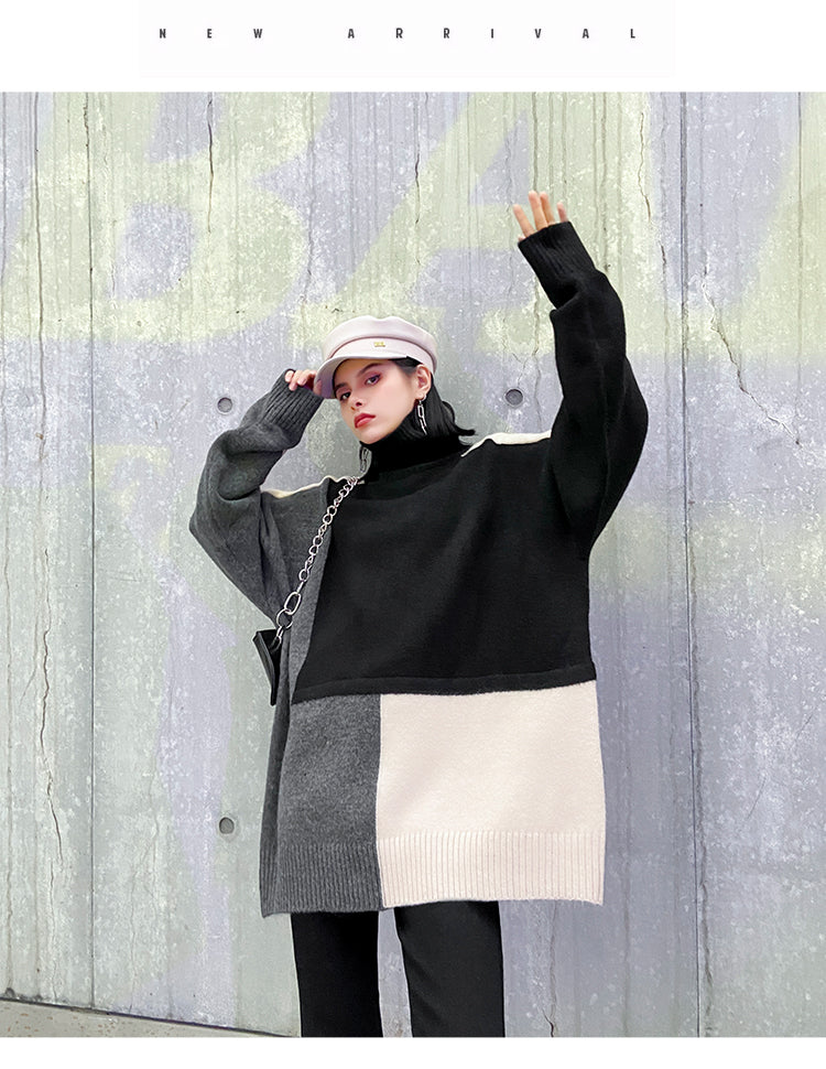 Urban Color-Block Splicing Knitted High-Neck Sweater