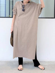 Round-Neck Solid Splited Maxi Dress